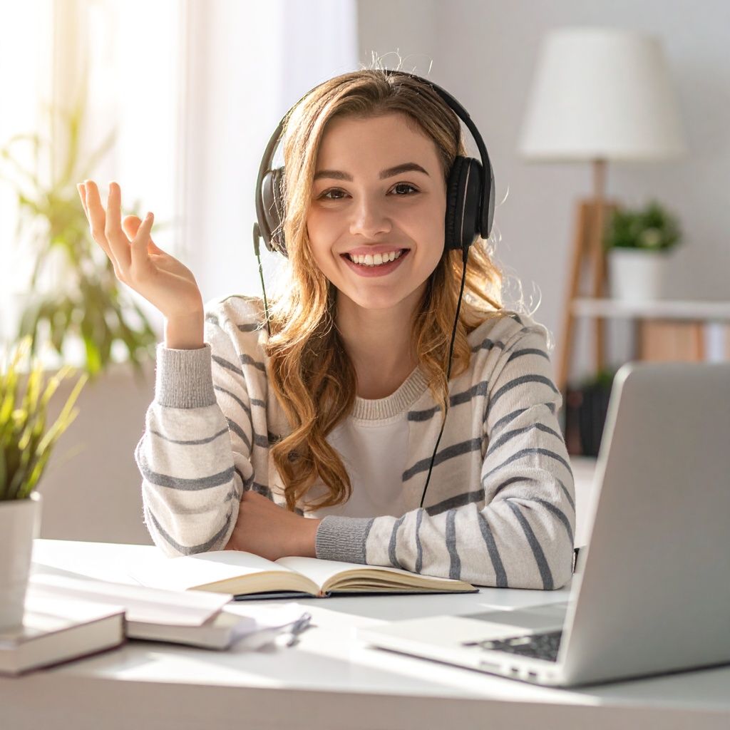 Estudiante sonriente con auriculares siguiendo una clase de idiomas por videollamada en su escritorio luminoso